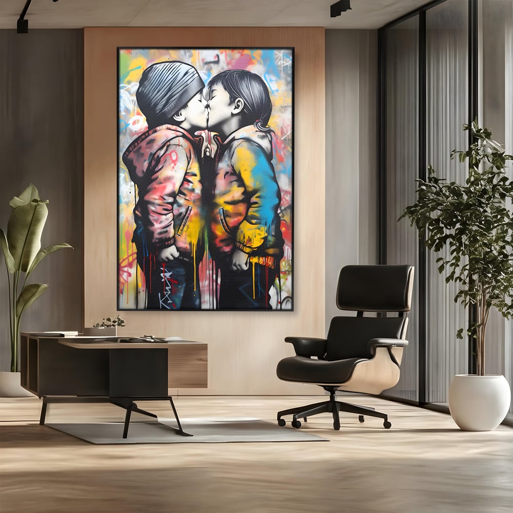 Tablou canvas cu tablou canvas cu doi copii sarutandu-se, in rama de aluminiu negru, pe perete intr-un birou